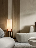 lampe sol moderne toile lin blanc bois foncé LED éclairage intérieur haut bas