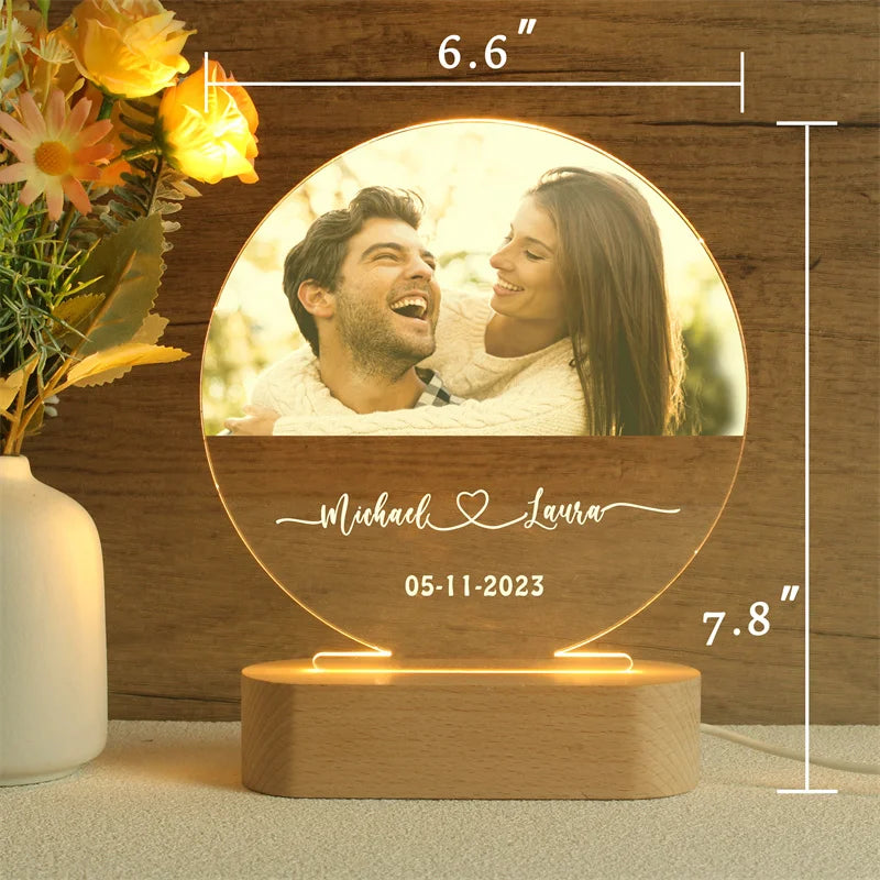 lampe photo personnalisable moderne boise acrylique transparente texte gravé cadeau couple decoration maison
