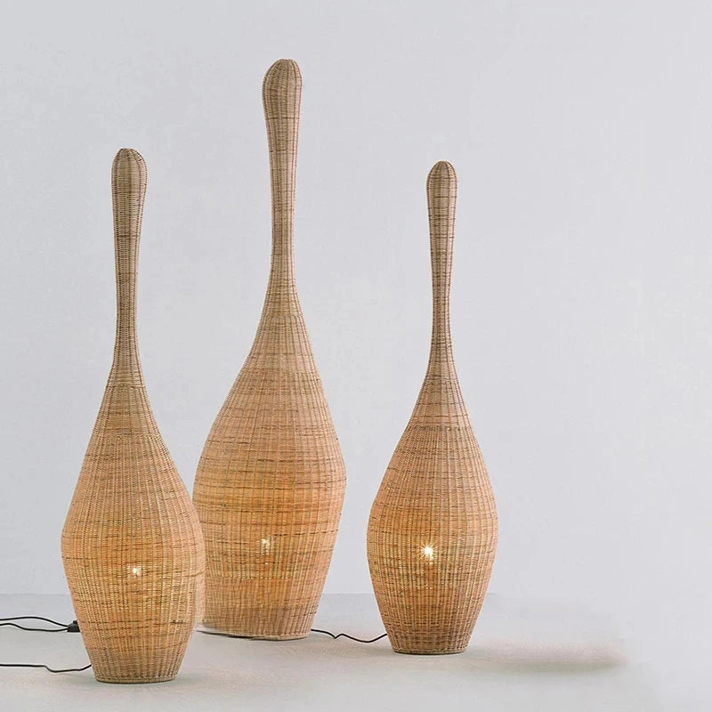 lampe sol moderne rotin naturel couleur beige blanc tissée main