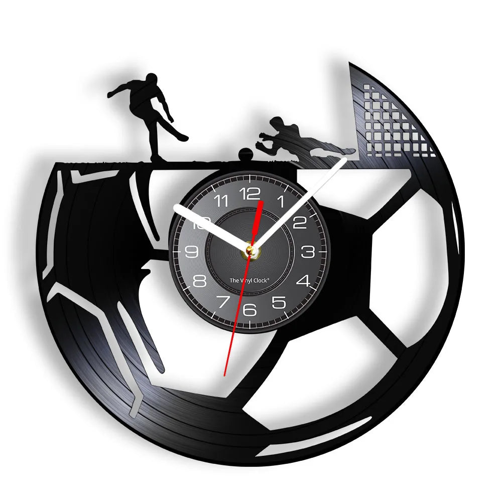 horloge murale noire football silhouette joueurs ballon moderne rétro décoration salon chambre enfant