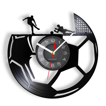 horloge murale noire football silhouette joueurs ballon moderne rétro décoration salon chambre enfant