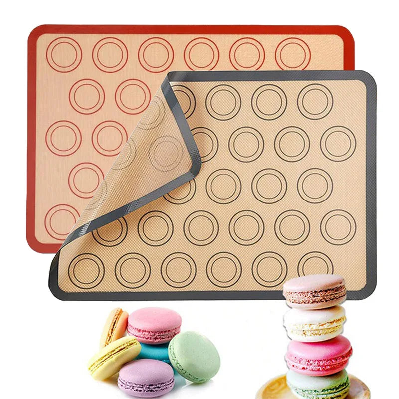 tapis cuisson silicone macarons cercles imprimés beige rouge moderne
