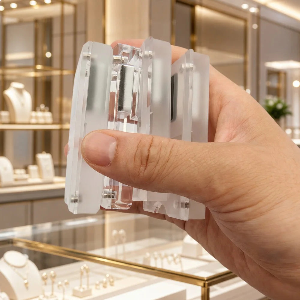 présentation bijoux support velours acrylique transparent moderne minimaliste adhésif diamant blanc