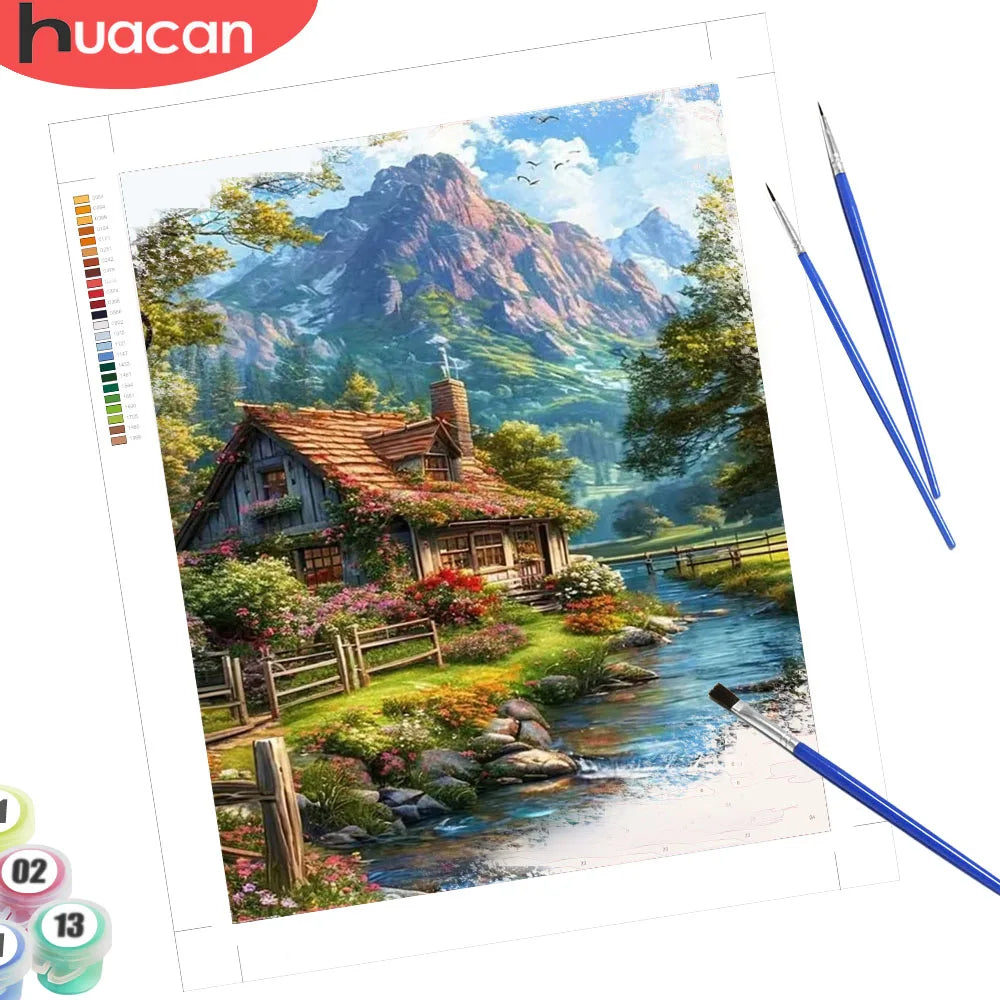 tableau numérique paysage montagne maison multicolore DIY peinture huile peinture numéros kit débutant decoration