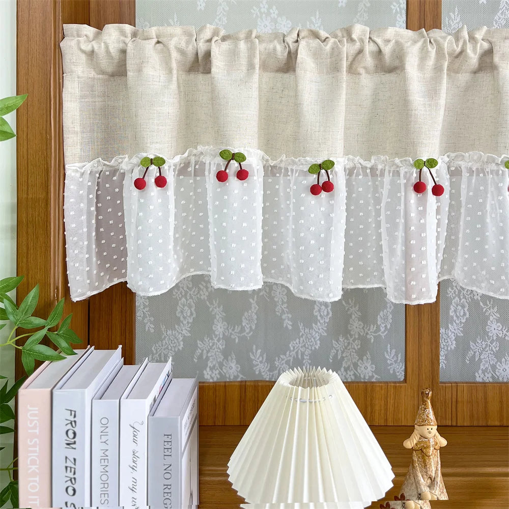 rideau blanc pois cerises relief polyester translucide decoratif rustique cuisine chambre fenetre