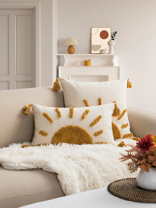 housse coussin motif soleil doré boho chic tissu polyester blanc décoratif lit chaise voiture