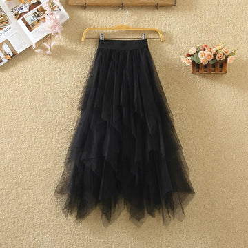 jupe tulle plissée féminine élastique printemps été rose clair gris blanc noir élégante lignemidi