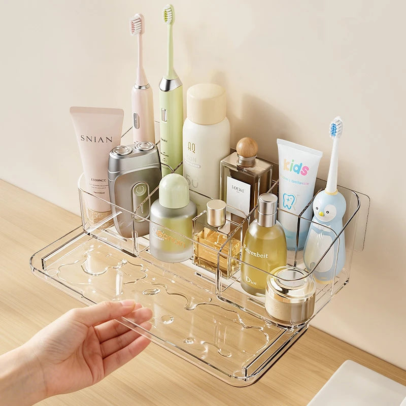 organisateur mural transparent rangement moderne toilettage brosses électriques tubes crèmes lotions hydralotion bébé cheveux