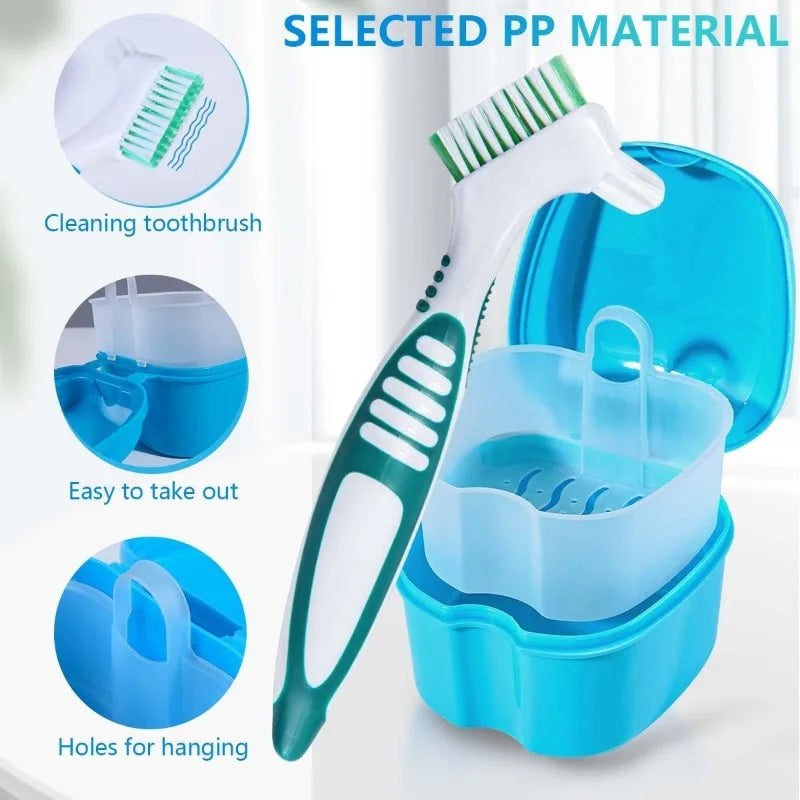 brosse dents conteneur prothèse dentaire bleu blanc moderne pratique hygiène buccale set accessoire santé
