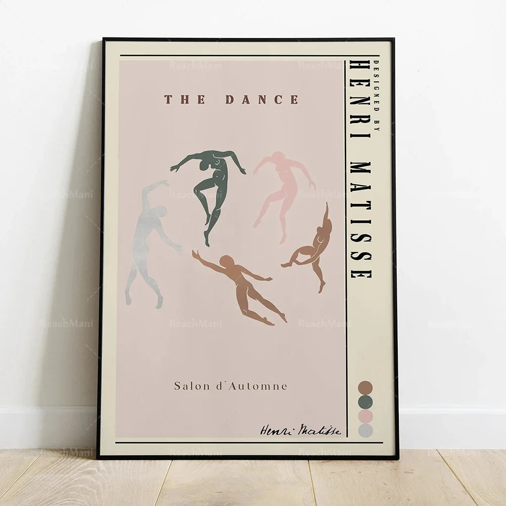 L'image représente une affiche pour une exposition artistique intitulée "The Dance" de l'artiste Henri Matisse. L'affiche montre des silhouettes de danseurs dans différentes poses, avec des couleurs pastel et une typographie élégante.