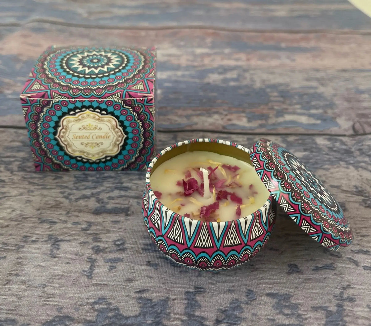 bougies parfumées cire soja parfum mandala boho chic bleu rose noir blanc aromathérapie