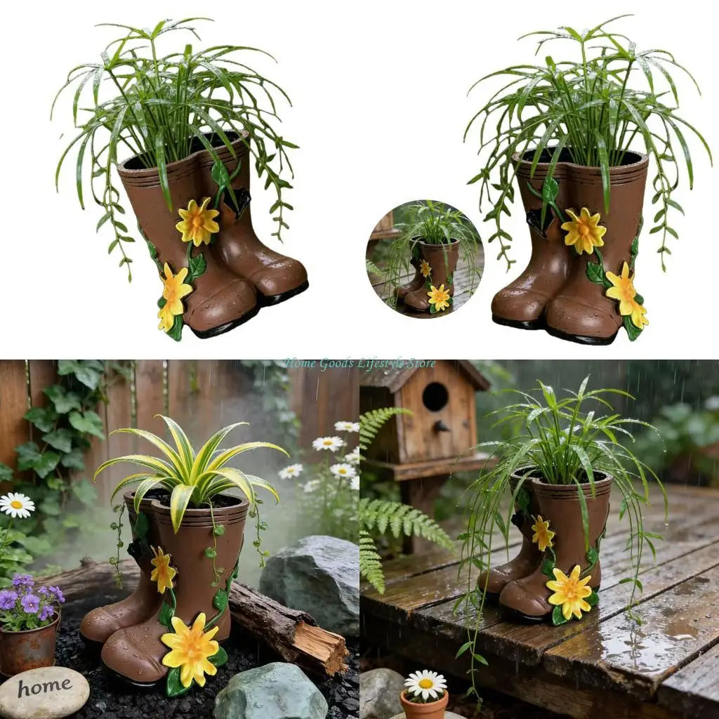 vases formes bottes pluie couleurs marron jaune vert violet rose imitation cuir fleurs rustique