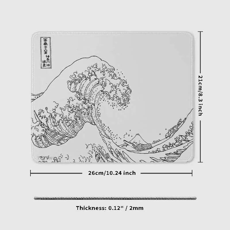 tapis souris grande vague hokusai blanc noir adhésif anti glisse caoutchouc naturel 21x26cm