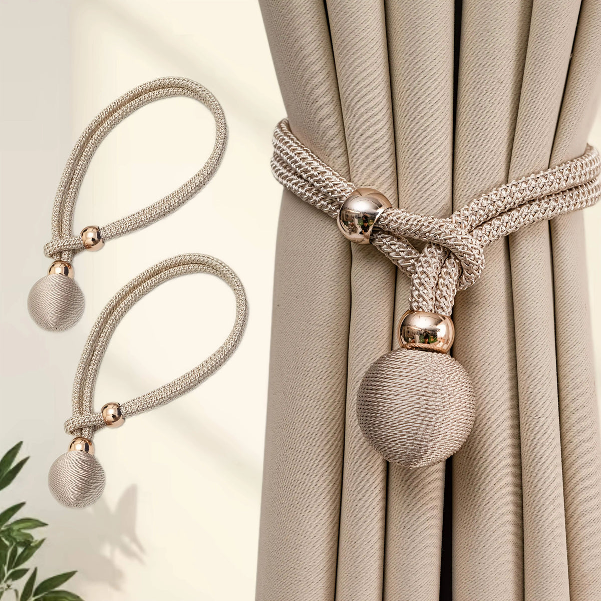 accessoires rideau tissu polyester cordon tressé couleur beige doré moderne fixations billes dorées