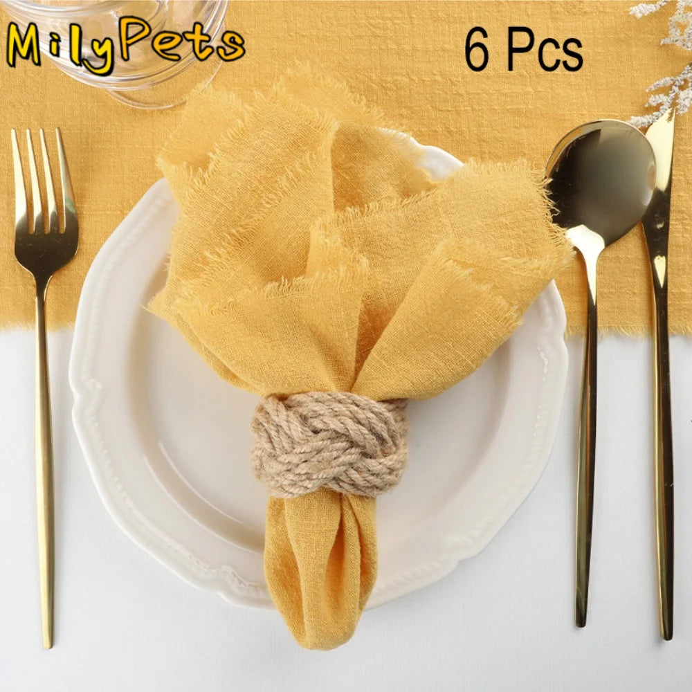 lot serviettes table coton rustique bords effilochés pompons couleur unie