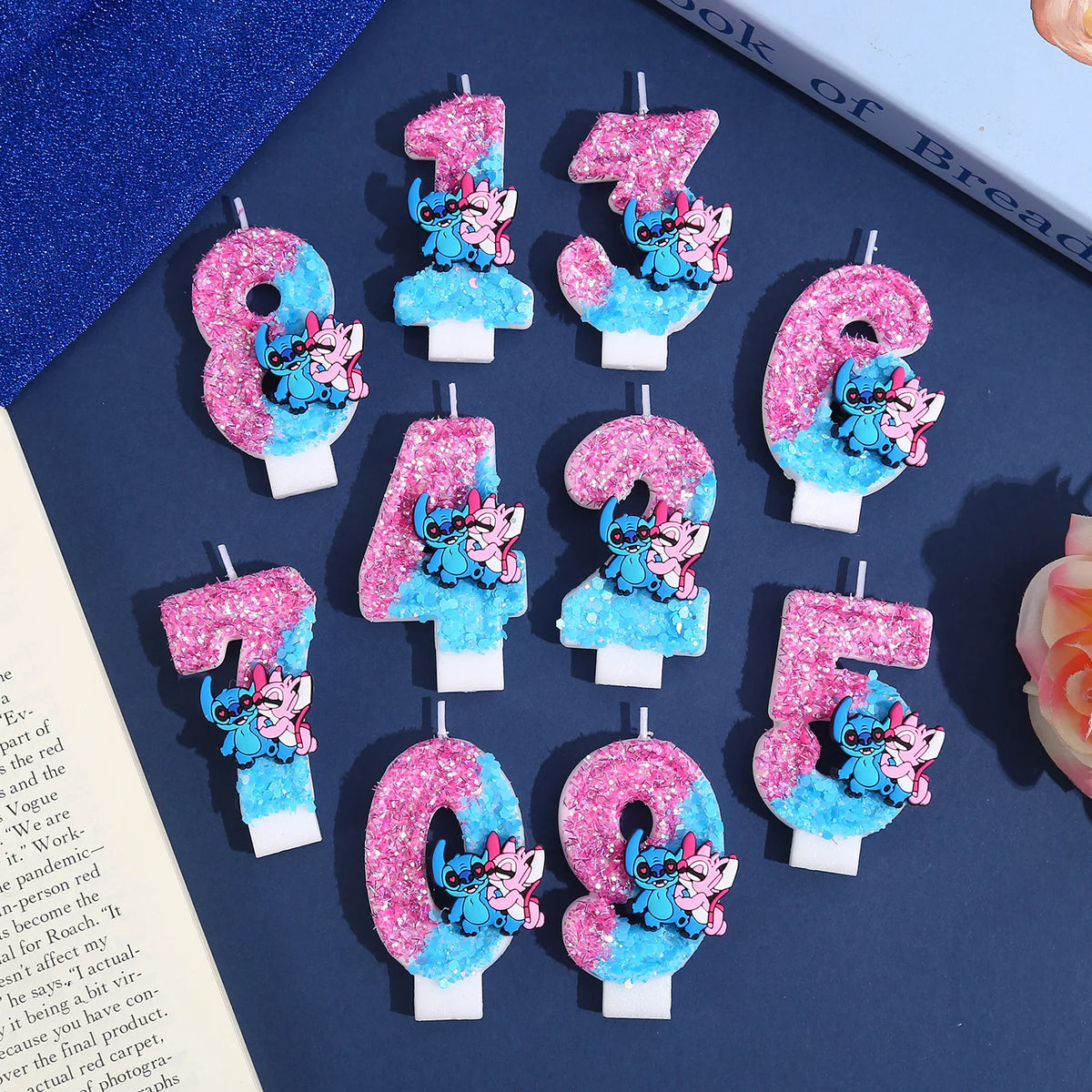 bougies numériques anniversaire glitter personnages animés rose bleu blanc decorative cartoon