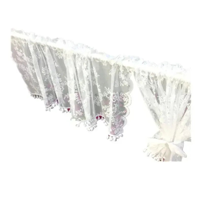 rideau blanc dentelle florale transparent vintage romantique maison 145cm 30cm franges inclusion accessoires