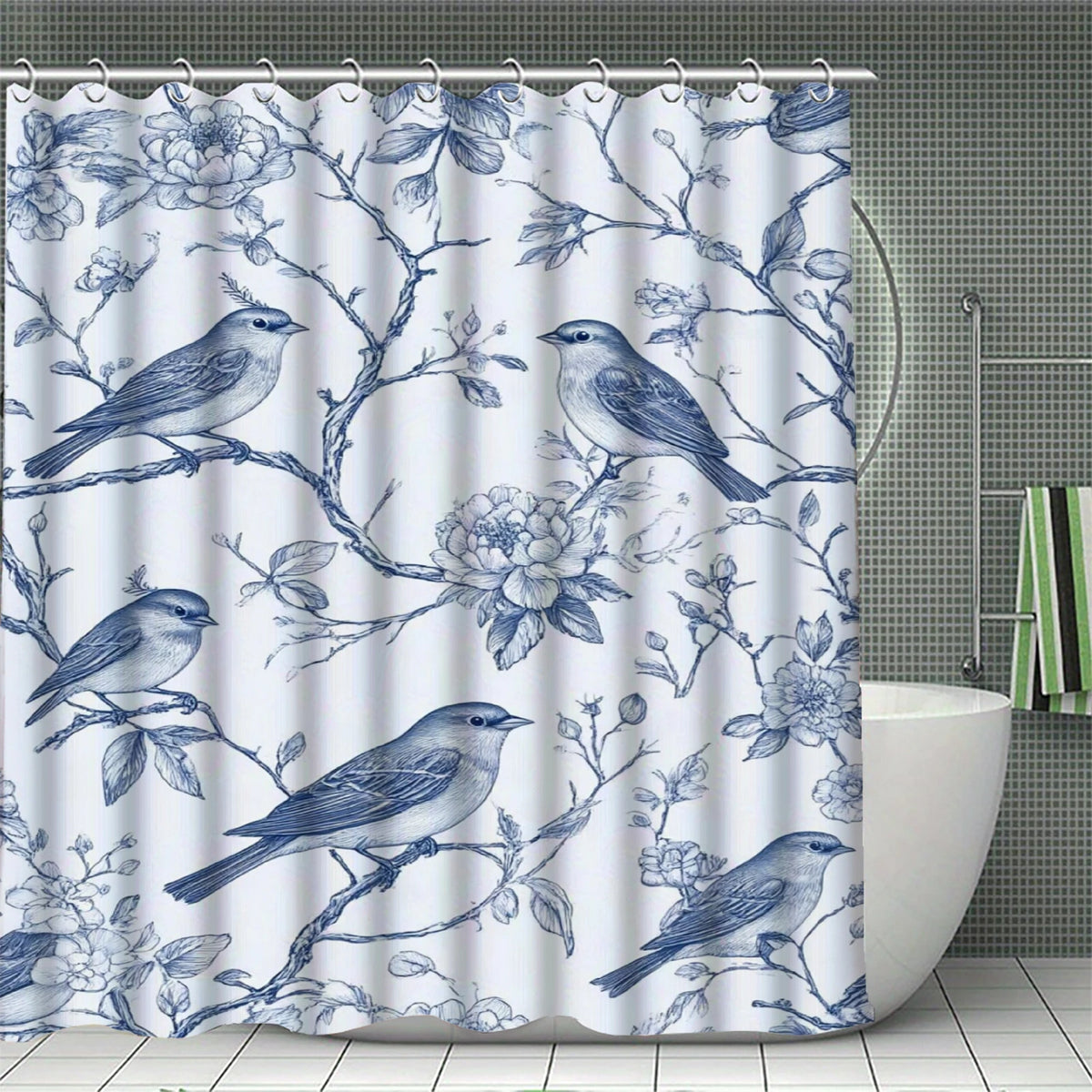 rideau douche fleuri papillon polyester respectueux environnement classique romantique anneaux métalliques