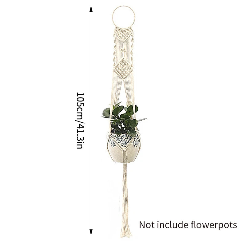 Macramé suspendu plante boho tissé main motifs géométriques anneaux métalliques