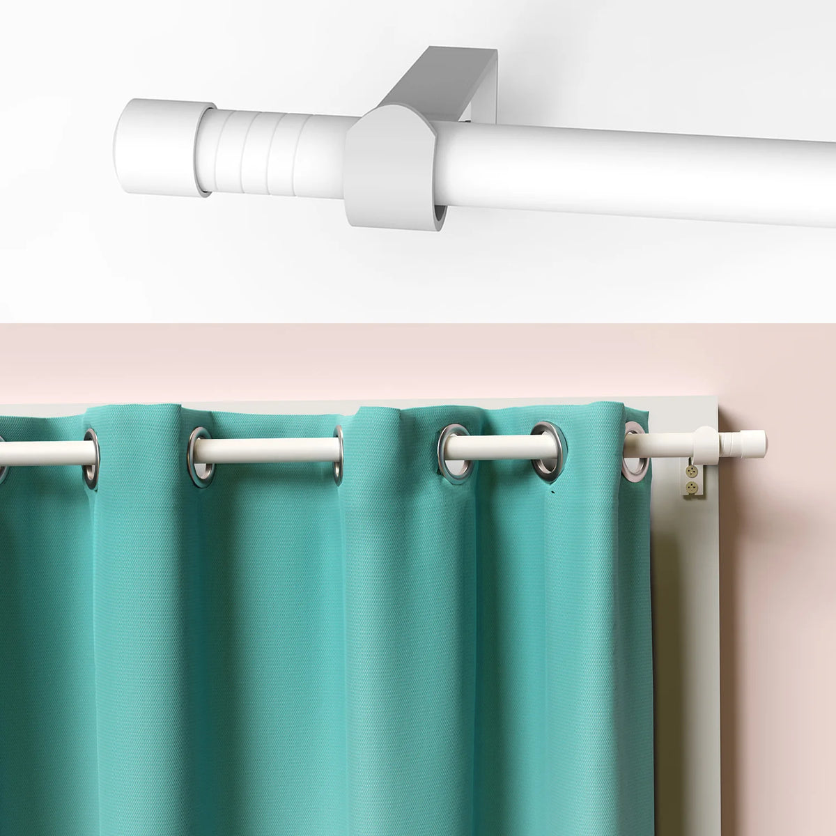 tringle rideaux extensible moderne blanc bleu turquoise rideaux opaques anneaux clips supports muraux