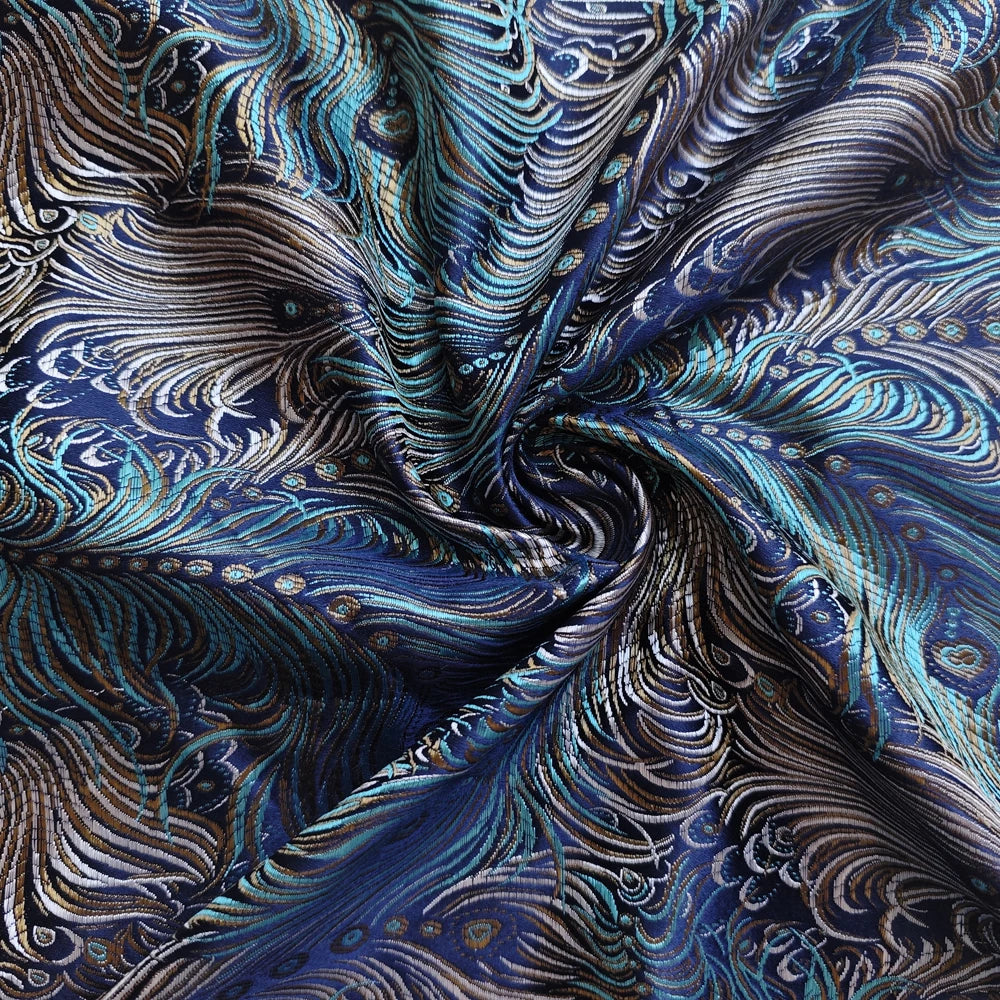 tissu brocart bleu doré turquoise oiseaux peinture plumes artisanal large 29 inches Jacquard respectueux