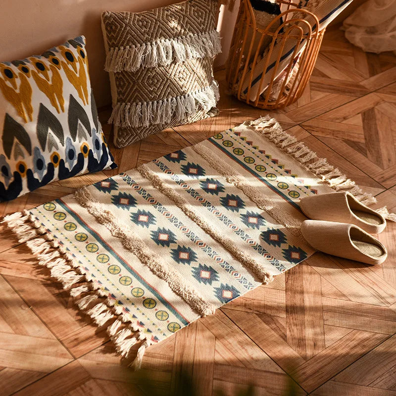 tapis boho chic géométrique coton pompons antidérapant intérieur étoiles cercles triangles