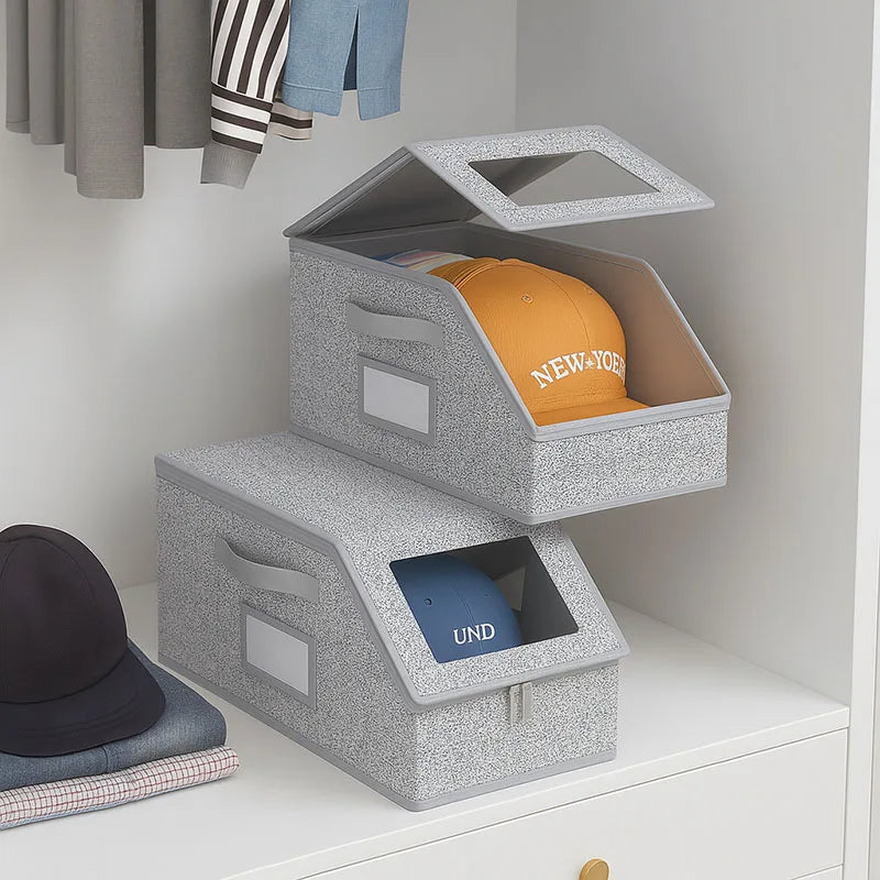 boîte rangement chapeaux gris bleu moderne granulée poignées réutilisable pratique anti poussière