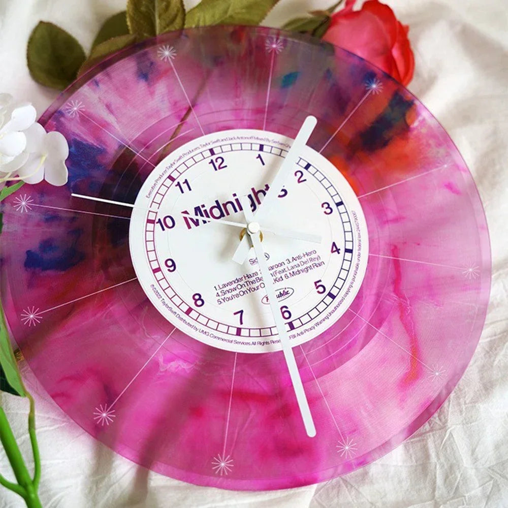 horloge murale moderne abstraite violet rose vert marbrée sans piles salon chambre coucher