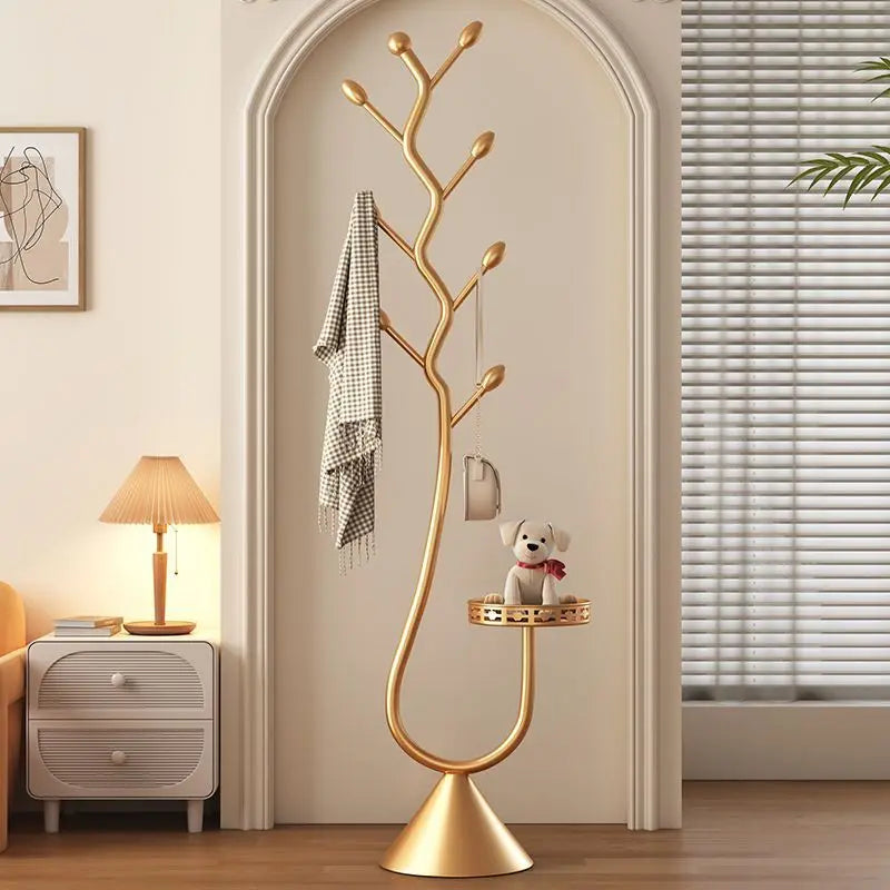 porte manteau contemporain branches stylisées plateau circulaire or blanc minimaliste