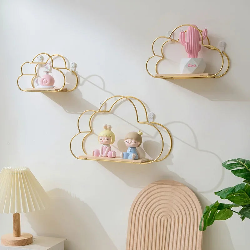 étagères murales nuages animaux mignons clips bois figurines or rose blanc moderne enfantin
