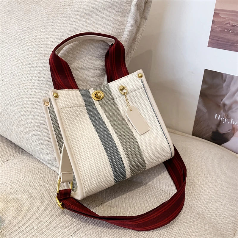 sac main femme toile polyvalent rayé poches intérieures appliques décontracté moderne casual