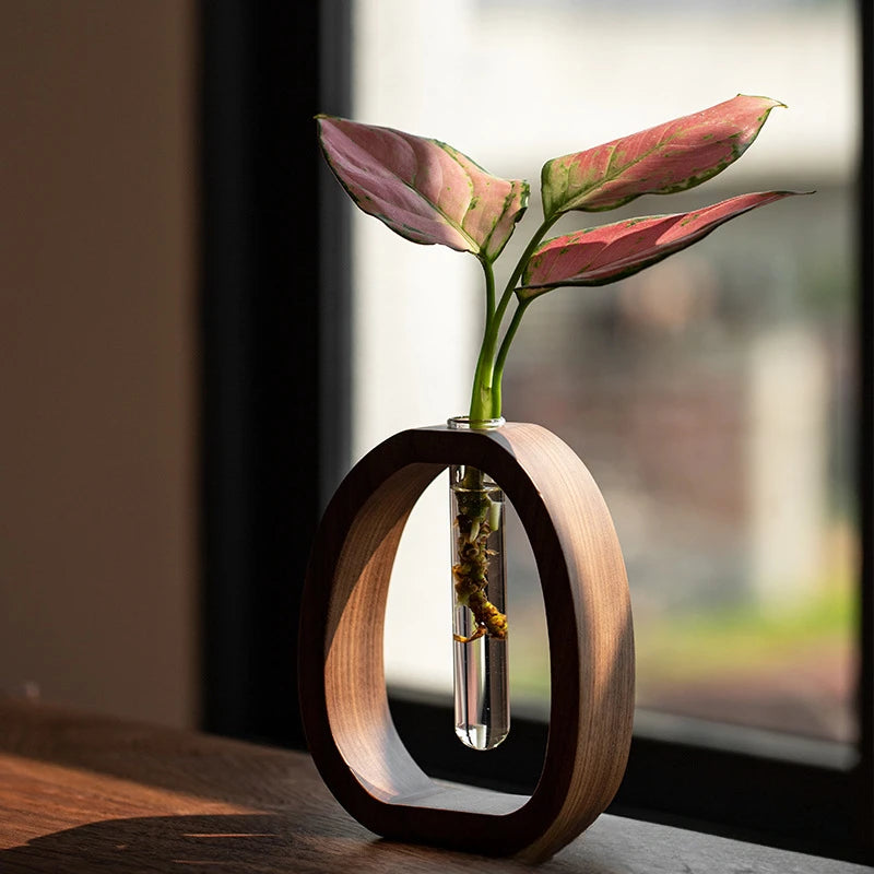 vase bois massif verre transparent minimaliste moderne plante fleur arrangement