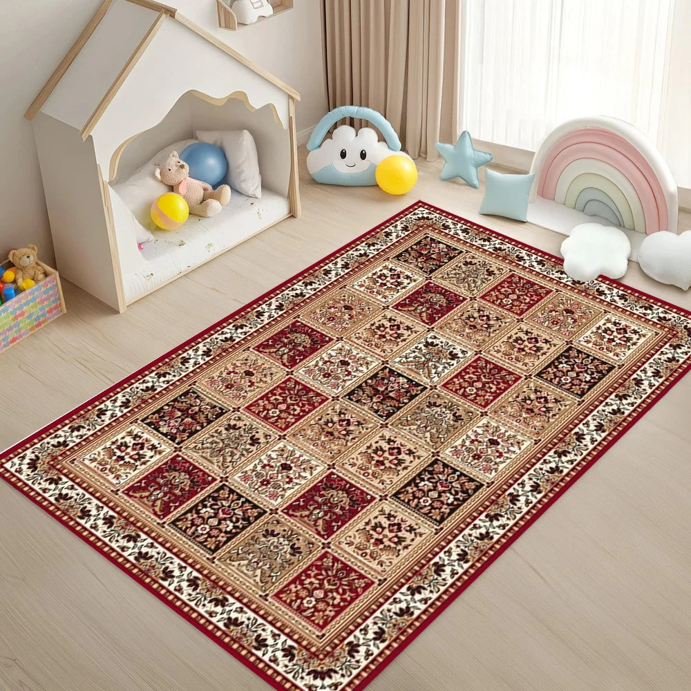 tapis rouge bleu beige traditionnel motifs floraux géométriques velours antidérapant intérieur extérieur