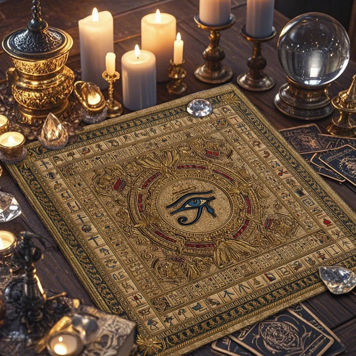tapis égyptien ancien motifs hiéroglyphes or rouge usage extérieur intérieurDecorationRituel