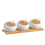 pot épices porcelaine blanc couvercle bambou moderne respectueux environnement cuillères plastique blanc herbes épicées(stockage)