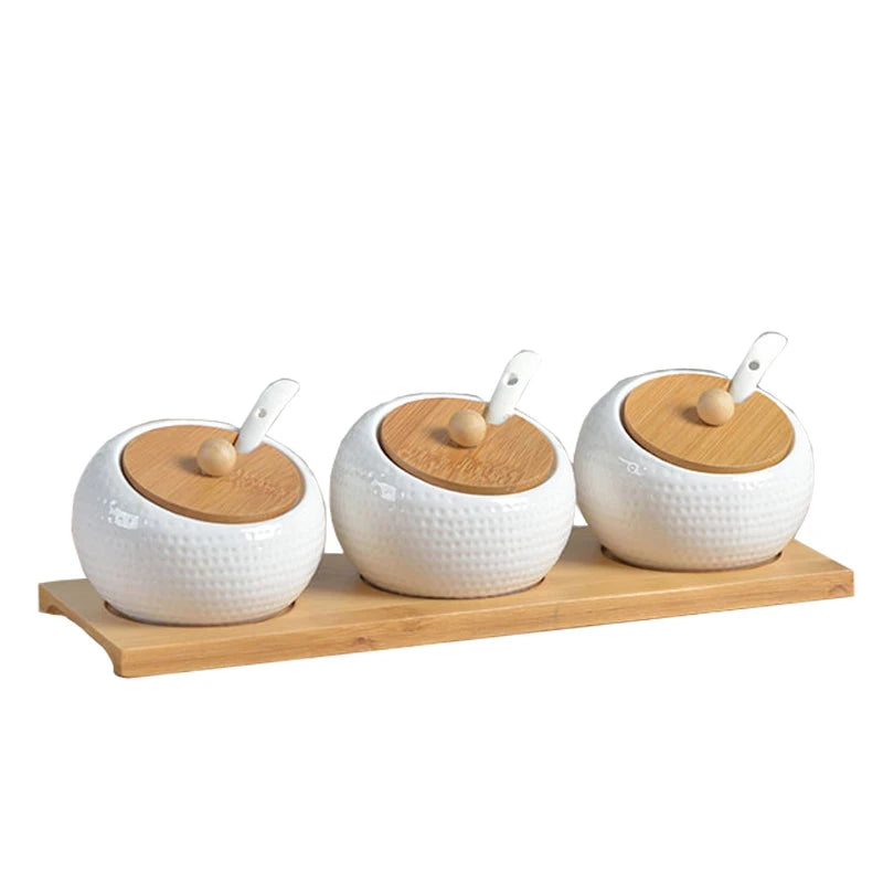 pot épices porcelaine blanc couvercle bambou moderne respectueux environnement cuillères plastique blanc herbes épicées(stockage)