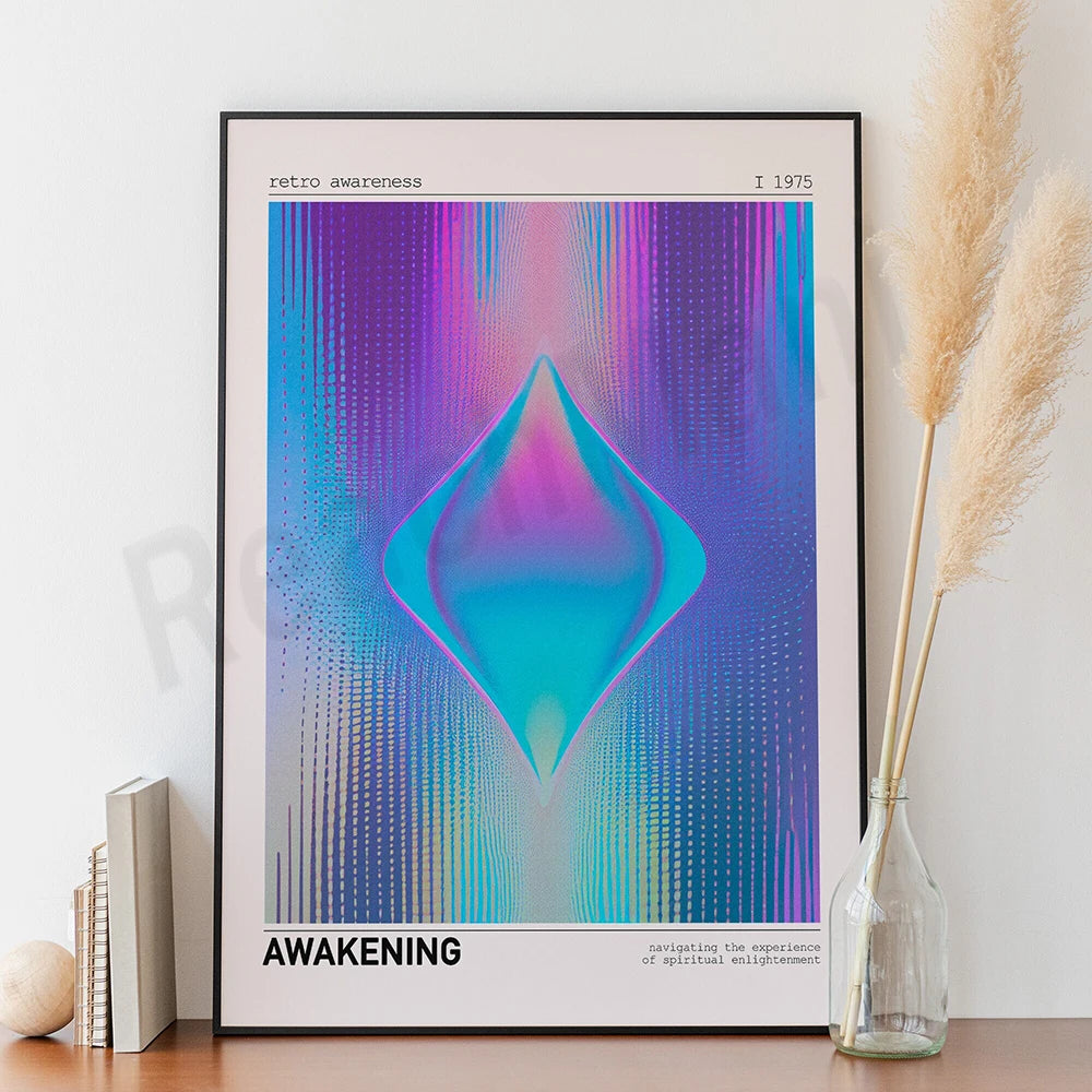 Illustration psychédélique aux couleurs vives représentant une forme triangulaire stylisée, symbolisant une prise de conscience spirituelle.