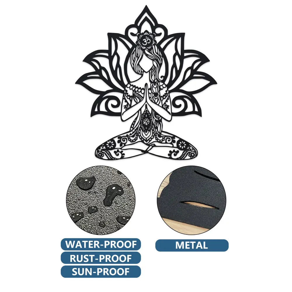 sculpture murale art contemporain femme yoga pose lotus motifs floraux géométriques noir