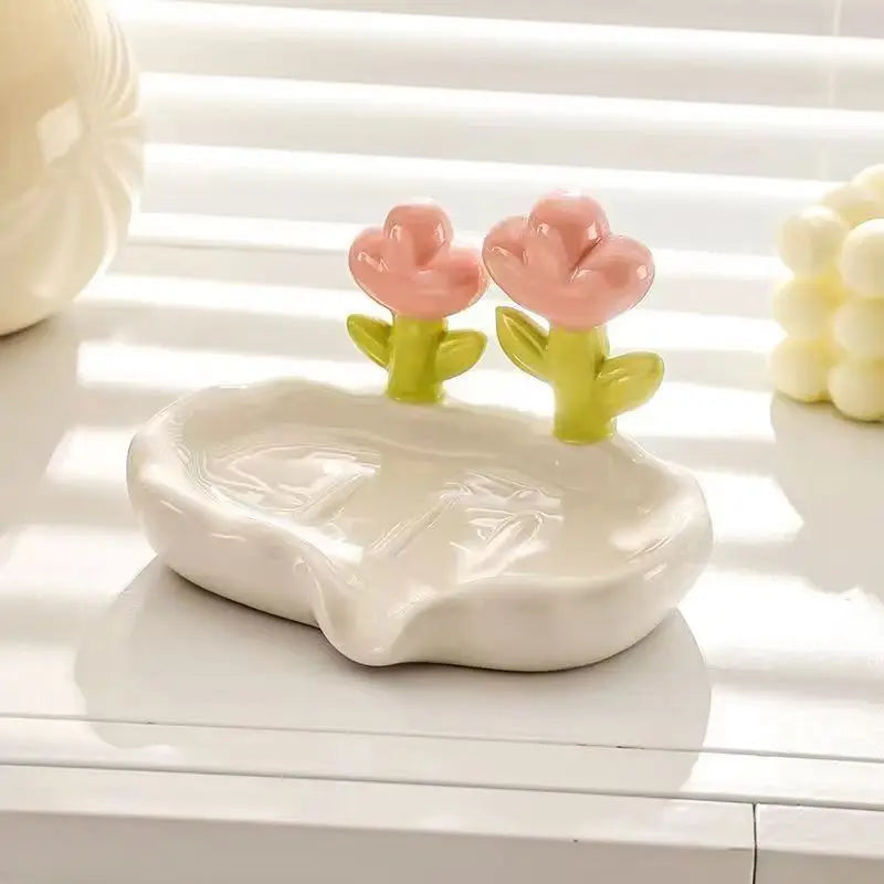 support savon moderne fleurs stylisées blanc rose vert jaune orange violet adhésif salle bains