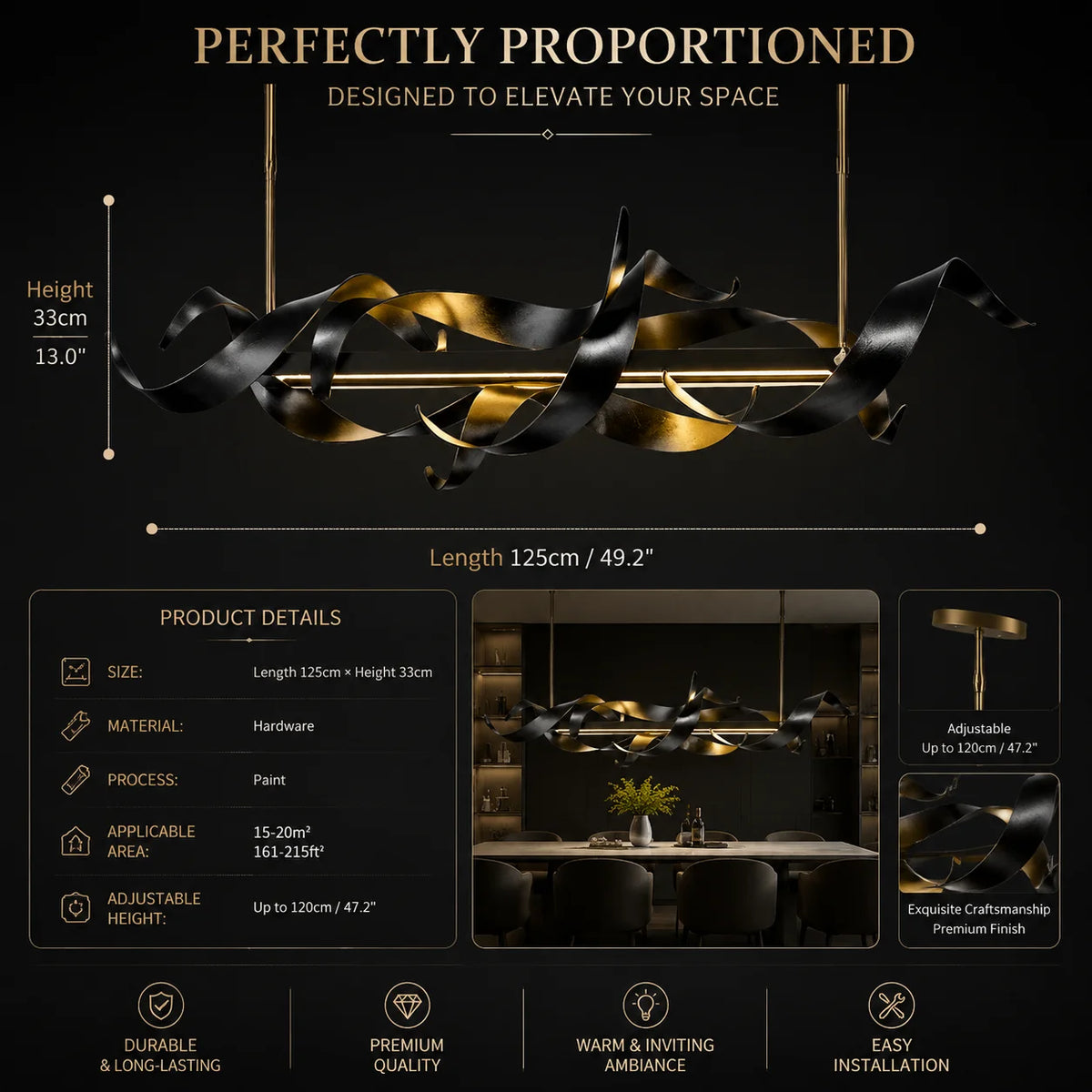 lampe suspendue moderne élégante noir doré sculptural finition métallique luxueuse 120cm adjustable
