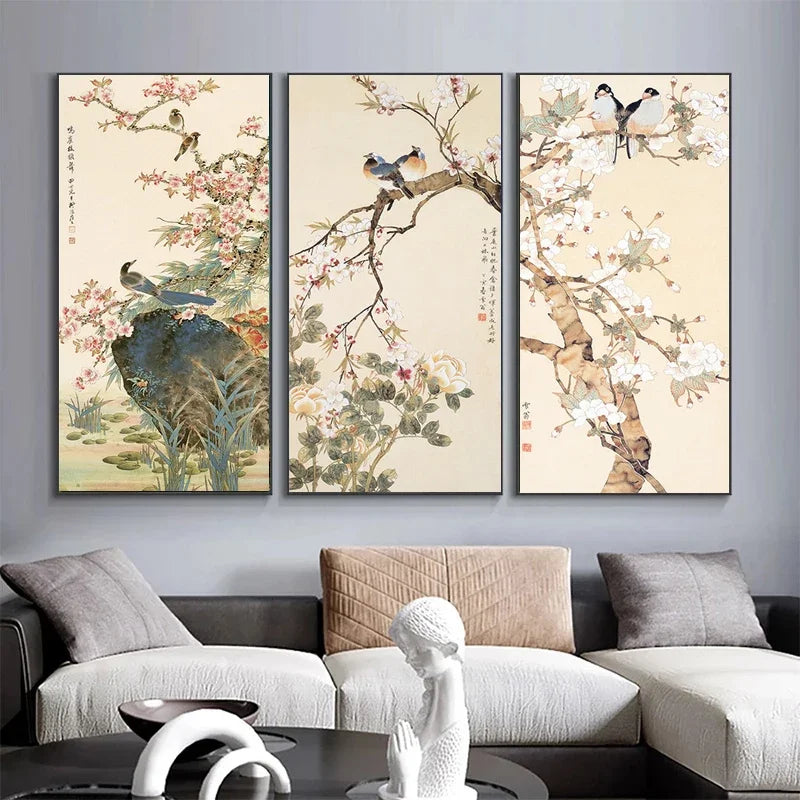 tableau peinture toile oiseaux fleurs prunier chinois décoration murale art traditionnel cadre