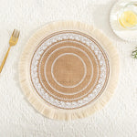 serviettes table boho chic beige noir motifs géométriques franges tissu lin opaques rondes