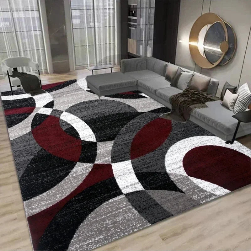tapis salon moderne motif géométrique rouge noir gris blanc antidérapant lavable confortable intérieur maison