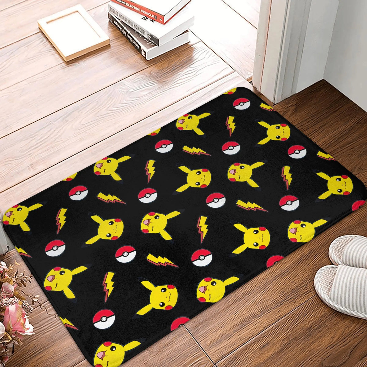 tapis sol antidérapant pikachu jaune noir rouge cartoon pois flanelle 60x40cm chambre cuisine salon