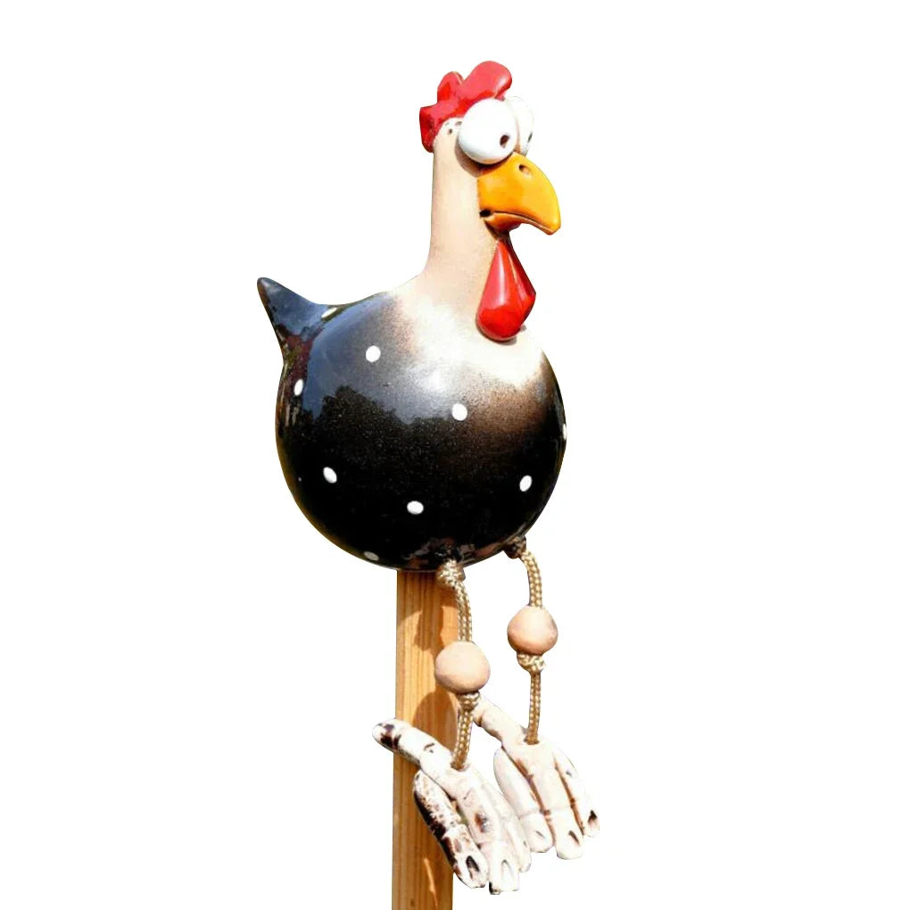 statue décorative poulet noir blanc rose jaune rouge points bec coquille patio clôture jardin
