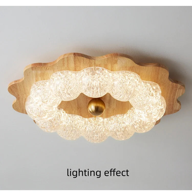 plafonnier led moderne bois marron clair verre translucide