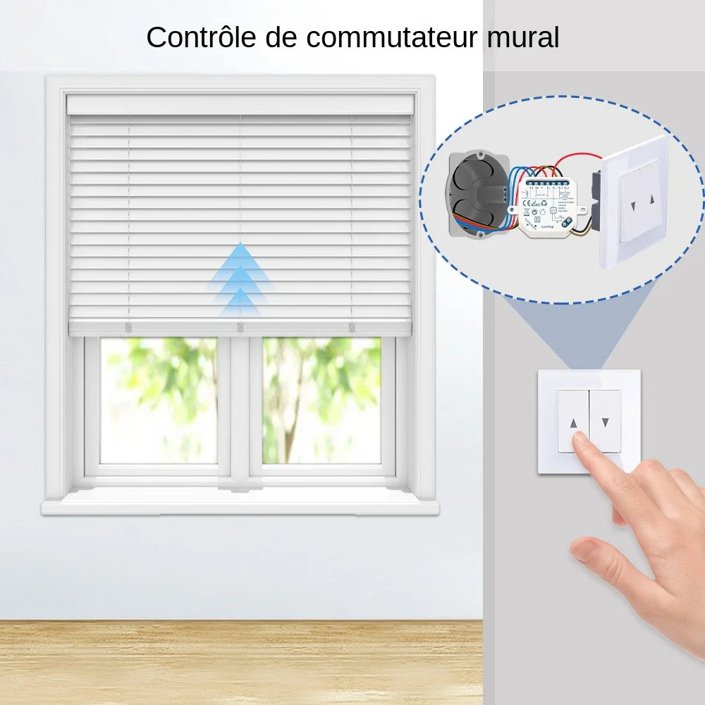 module commutation rideau blanc moderne tringle commande câbles connectivité google alexa