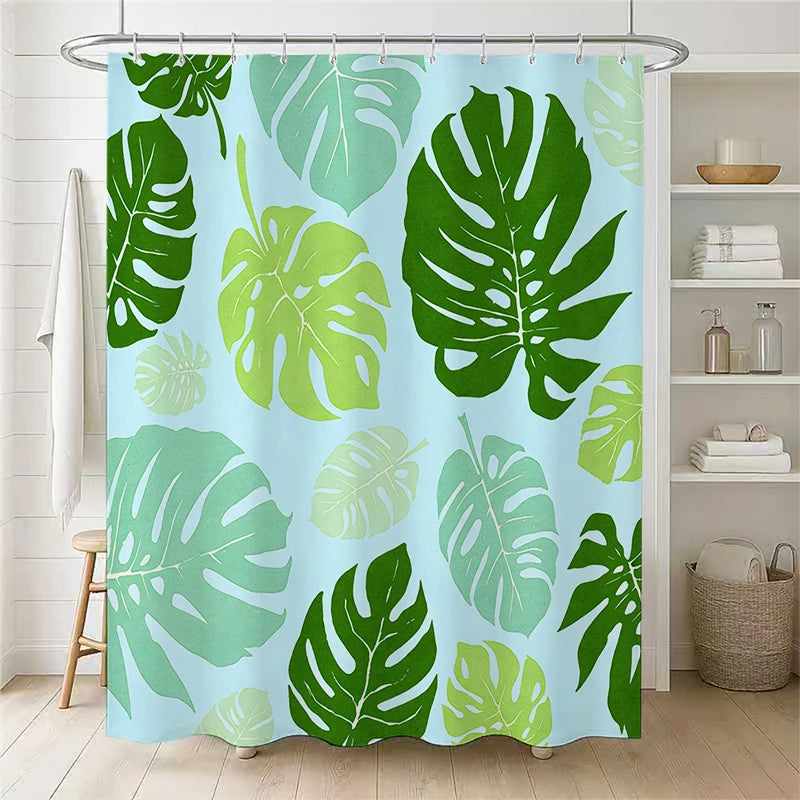 rideau douche feuilles tropicales vert bleu clair moderne anneaux suspension polyester opaque