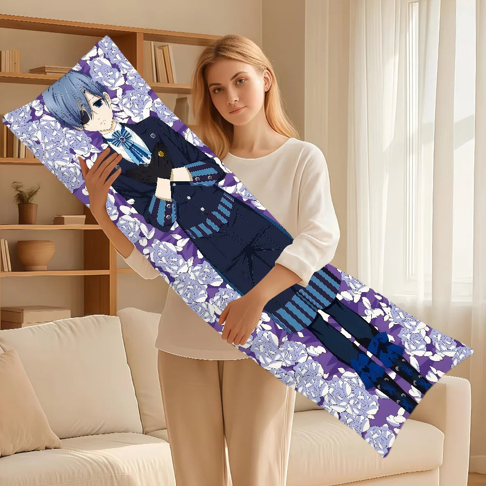 coussin allongé anime violet bleu blanc fleurs stylisées personnages 100 polyester double face imprimé