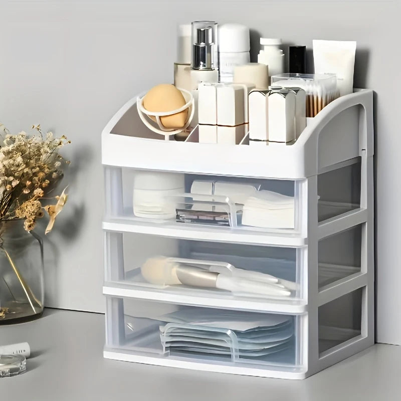 organisateur tiroirs rangement maquillage produits beauté blanc moderne minimaliste cotons pinceaux masques transparents